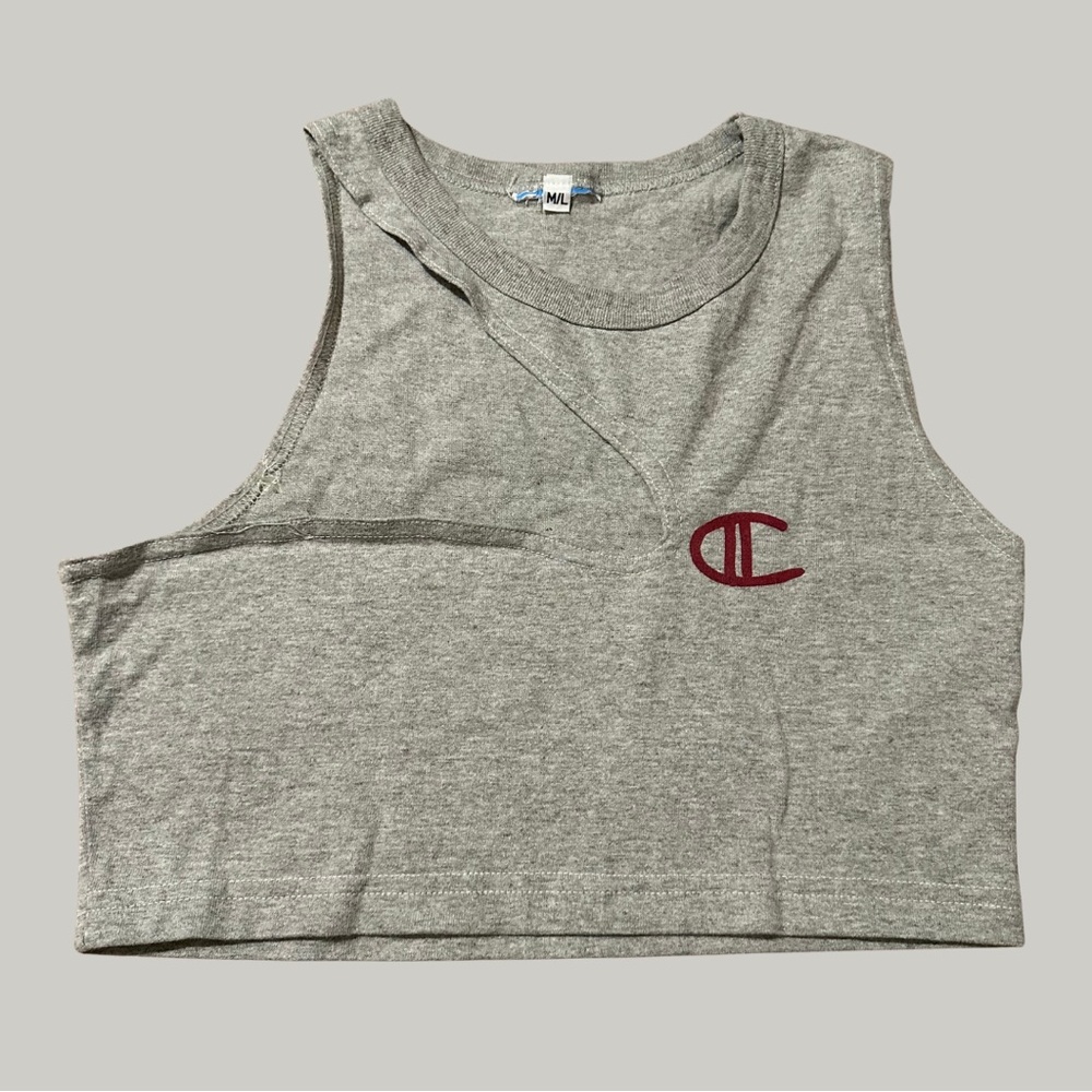 Upcycled Champion Gray & Burgundy Graphic Crop Tank Top Size M